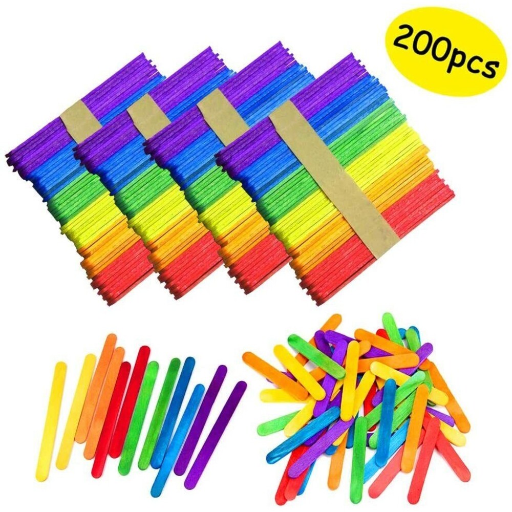 200PCS Colorful Craft Sticks Natural Wooden 4-1/2" Length Sticks for Crafts